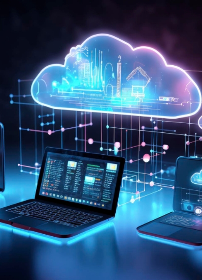 A futuristic illustration of cloud computing with a neon blue and pink color scheme, featuring a cloud with digital cityscape and laptops in the foreground connected by glowing lines and dots.